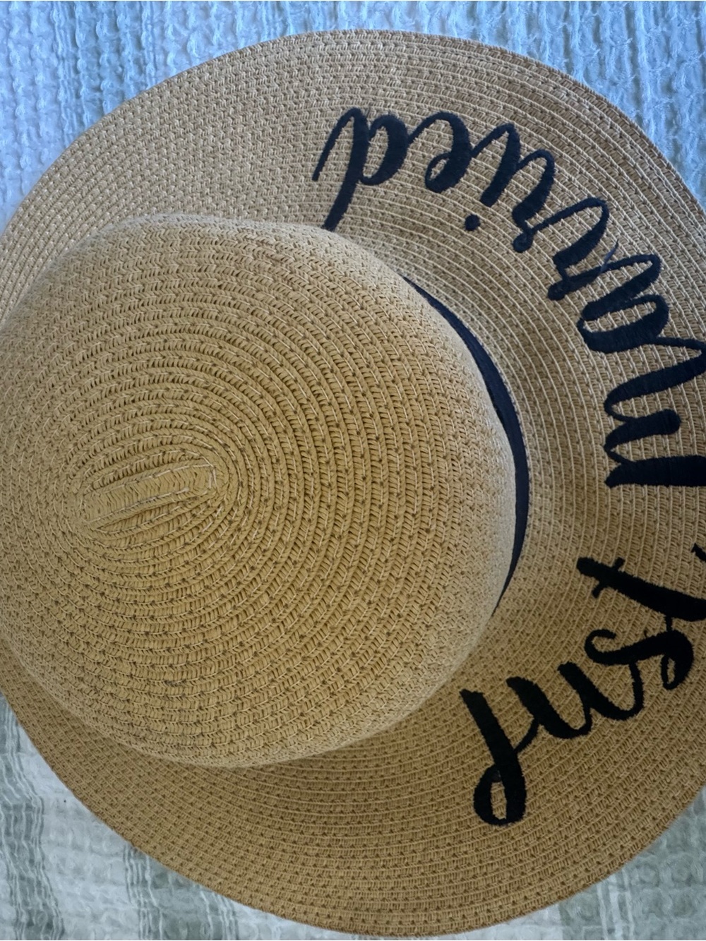 Just Married Wide Brim Straw Sun Hat with Black Script